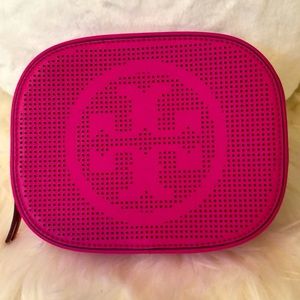 Tory Burch Leather Logo Perforated Cosmetic Case Hibiscus Flower